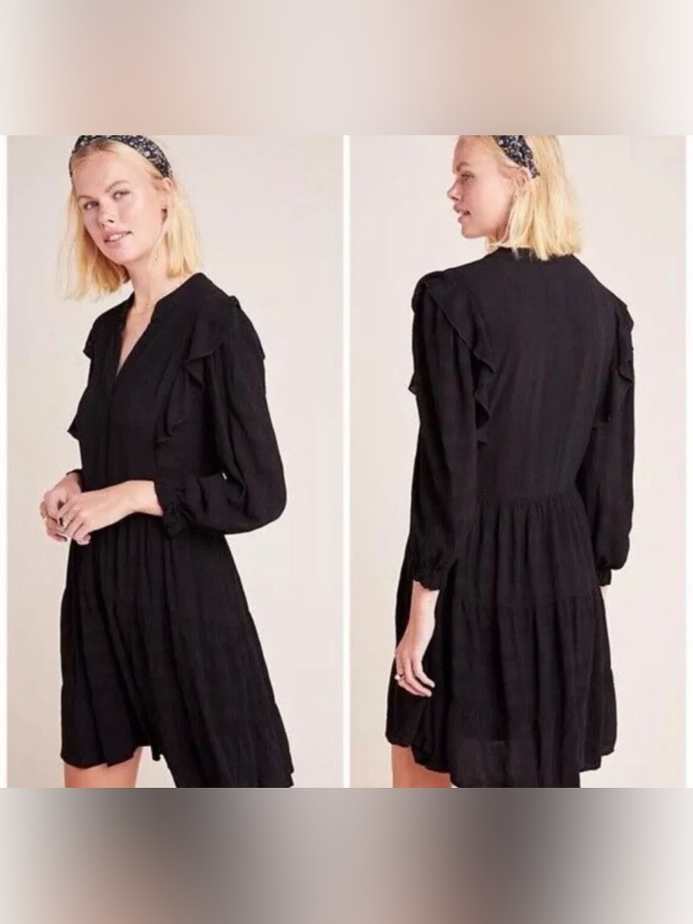 Anthropologie Amadi Rossi Boho Ruffled Black Tunic Gauze Tiered Dress S